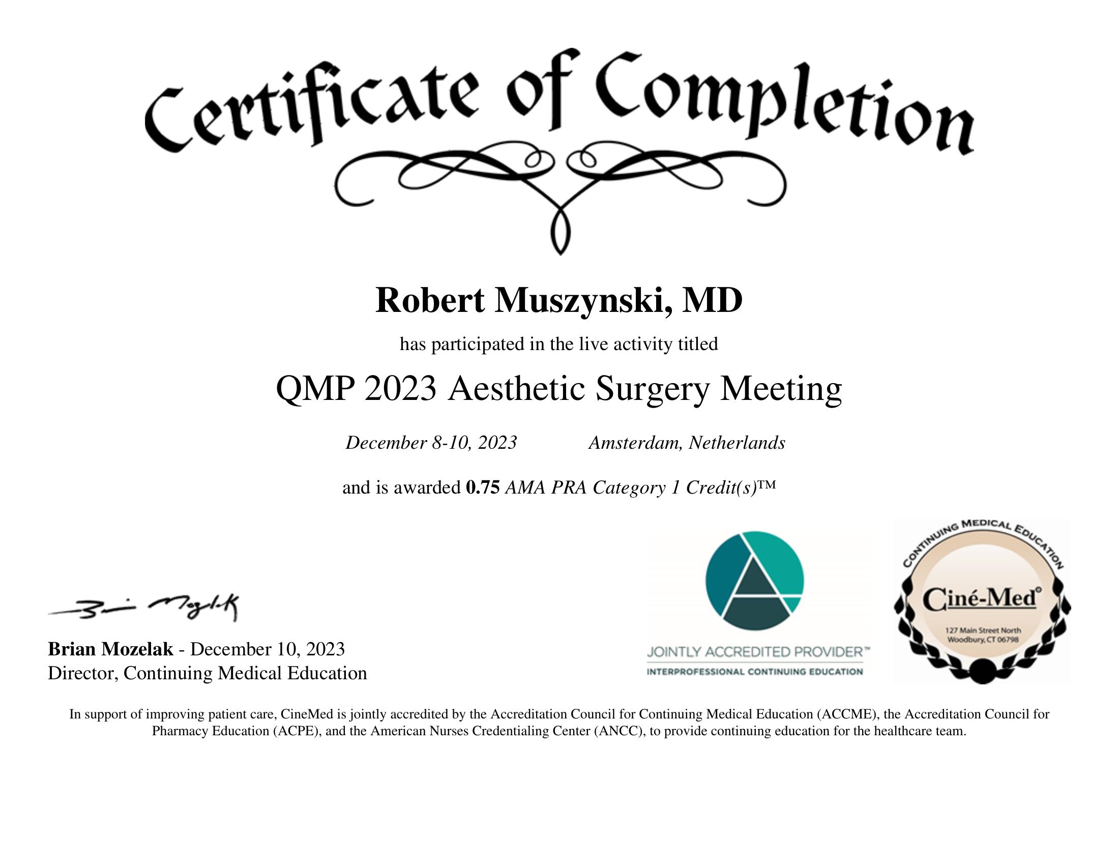 Certyfikat QMP 2023 Aesthetic Surgery Meeting